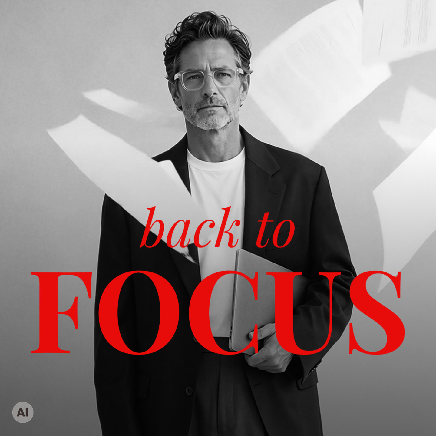 Mann mit Brille umgeben von fliegendem weißem Papier, im Vordergrund der rote Schriftzug "back to FOCUS".